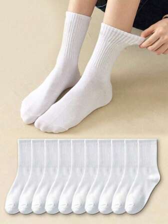1/3/5/10 双女士舒适百搭纯白色平底休闲透气吸湿排汗中筒袜，秋季袜子