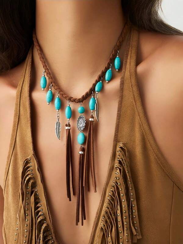 1 pieza Collar con colgante bohemio con borla, collar gargantilla de terciopelo vintage, adecuado para mujeres en vacaciones, festivales, fiestas, uso diario