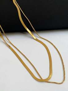Nooxian 2pcs Stainless Steel Minimalist Casual Gold-Color Chain Necklace For Women - Yellow Gold - View 4