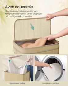 SONGMICS Panier à Linge en Bambou, Corbeille à Linge, 90 Litres, Sac Amovible et Lavable en Machine, Couvercle, Poignées, Buanderie, Chambre, Salon, Couleur Naturelle - Beige - Voir 2