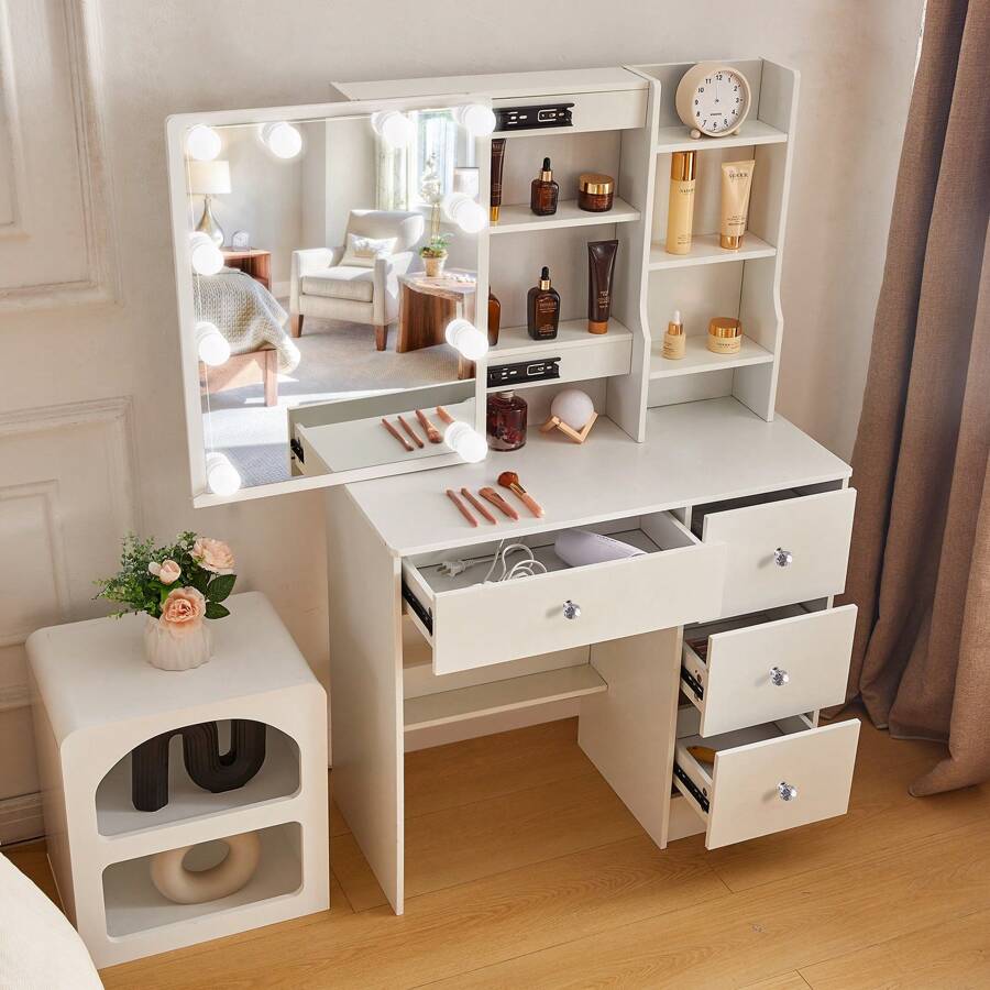 80cm Vanity Dressing Table Set With LED Mirror, Drawers & Crystal Pull, Open Multi-Level Shelves, Color Lighting Modes & Dimmable, White Dressing Table 10 Bulbs LED Sliding Mirror Set Vanity Desk Cabinet, Modern Bedroom Furniture