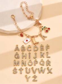 1pc Initial Letter Bracelet With Western Cowgirl Lips, Poker, Cherry, Cowboy Boots Charms, Heart Pendant Bracelet For Women, Cute Funky Jewelry, Teen Girls Accessories, Perfect As Gift For Mother's Day