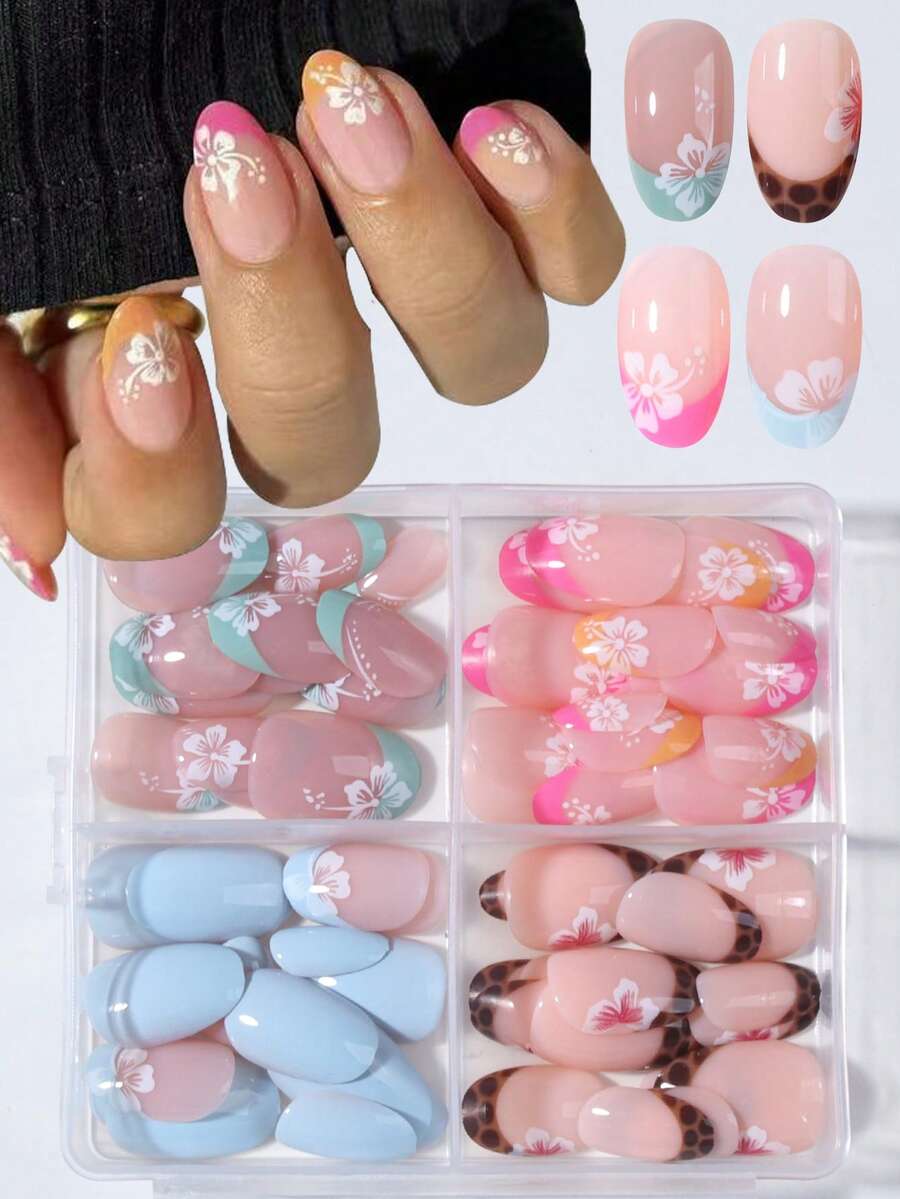 96片花朵美甲贴纸，4种混合图案，短椭圆形芙蓉花美甲贴纸，法式亚克力按压式美甲贴片，包含1瓶果冻胶和1把指甲锉。易于佩戴，适合夏季美甲、法式美甲、女士日常美甲、派对美甲用品。
