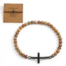 Bracciale da uomo con croce in metallo color acciaio, accessori metallici cool e hardcore con perline di calcedonio rosso cremisi lucido da 4 mm e pietre preziose