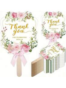30pcs Wedding Fan Set For Guests - Handheld Loose Wedding Favors With Handles, Thank You For Celebrating With Us, Multi-Item Party Gift Pack Made Of Paper Material, Perfect For Weddings And Bridal Showers, Includes 10 Fans + 10 Bows + 10 Wooden Sticks