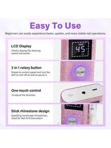 0-45000RPM 专业可充电美甲磨甲机，带高清显示屏，金属磨头，美甲修甲机 - 玫紅色 - 查看 4