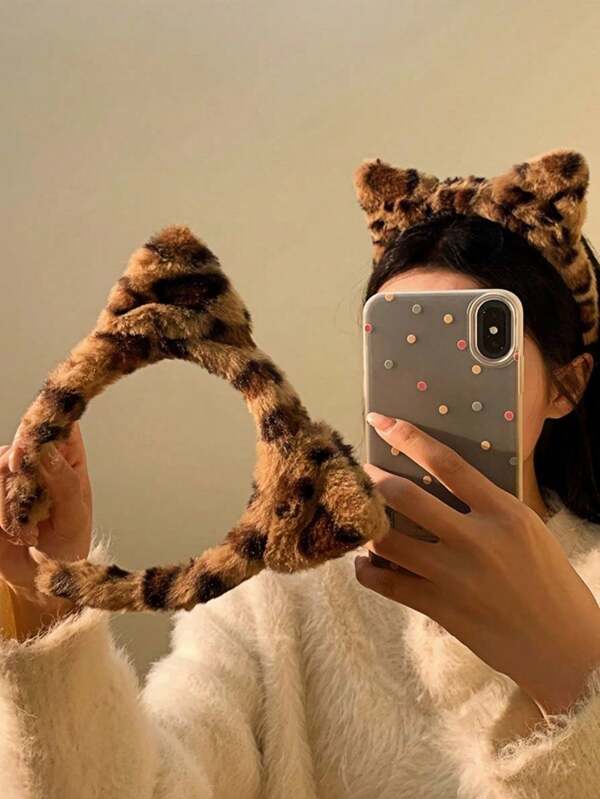 1 faixa de cabeça de pelúcia com estampa de leopardo e orelha de gato, adequada para maquiagem diária e lavagem facial feminina, faixa de cabelo, arco de cabelo, outono, acessórios de cabelo, acessórios de inverno, outono e outono
