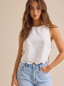 Women Summer Tank Tops Casual Tie Up Side Floral Embroidery Sleeveless Shirt Basic Vest For Streetwear - 白色 - 查看 2