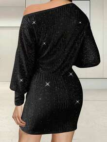 Women's Off One Shoulder Sequined Dress Slim Fit Stylish Sparkly Long Sleeve Mini Bodycon Dress - 黑色 - 查看 2