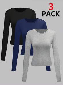 3 Pack Womens Crop Workout Tops Women Pack Summer Gym Athletic Compression Undershirts Cute Tight Basic Tops Tee - 黑色+藏藍色+淺灰色 - 查看 2