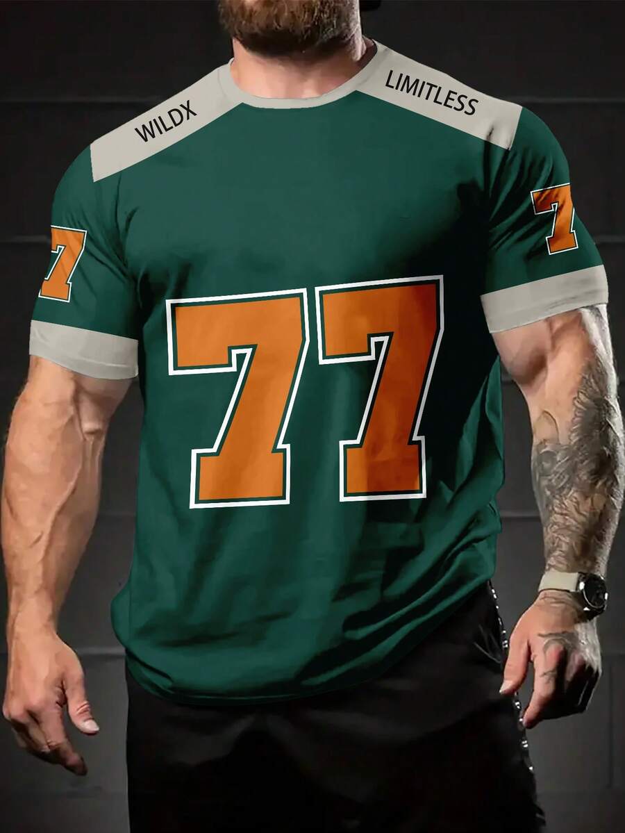 Áo thun thể thao nam tay ngắn in chữ số 77 màu xanh lá cây, áo phông in hình 3D, thời trang cho mùa hè - Nhiều màu - Xem 1