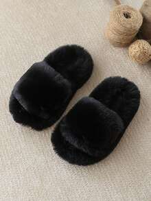 Fashionable & Simple Girls' Plush Slippers, Solid Color, Minimalist Design, Warm Fuzzy Winter House Shoes - Black - View 9