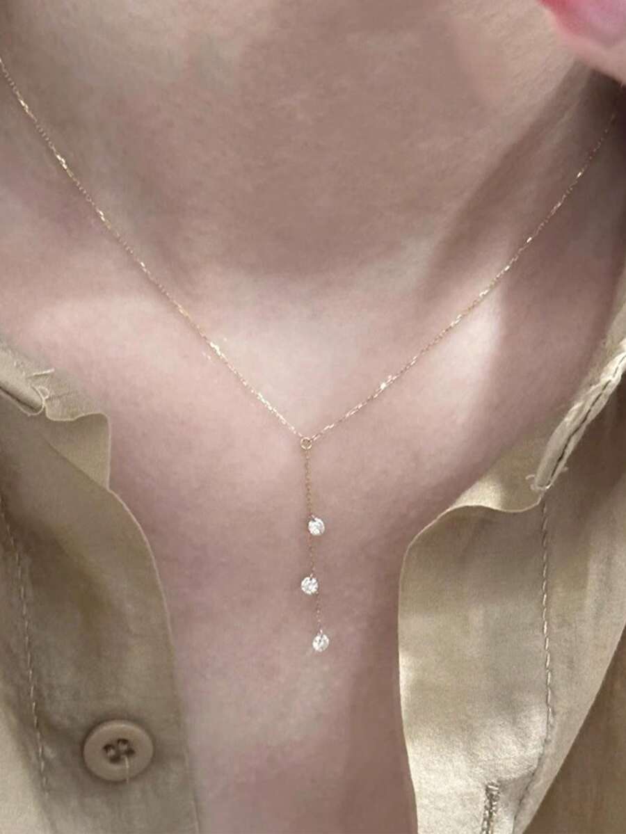 1pc S925 Sterling Silver Teardrop Zirconia Pendant Necklace, Geometric Y-Shape Long Tassel Clavicle Chain, Minimalist & Elegant, Suitable For Women's Daily Wear Or Gift - Gold - View 1