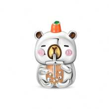 1 件镀银动物系列水豚休闲吊坠、水豚喝奶茶珠、水豚发芽珠、水豚扛龟珠、腊肠犬珠、粉色小熊吊坠饰物，适合 DIY 珠宝制作手链和项链，可作为情侣珠宝礼物。