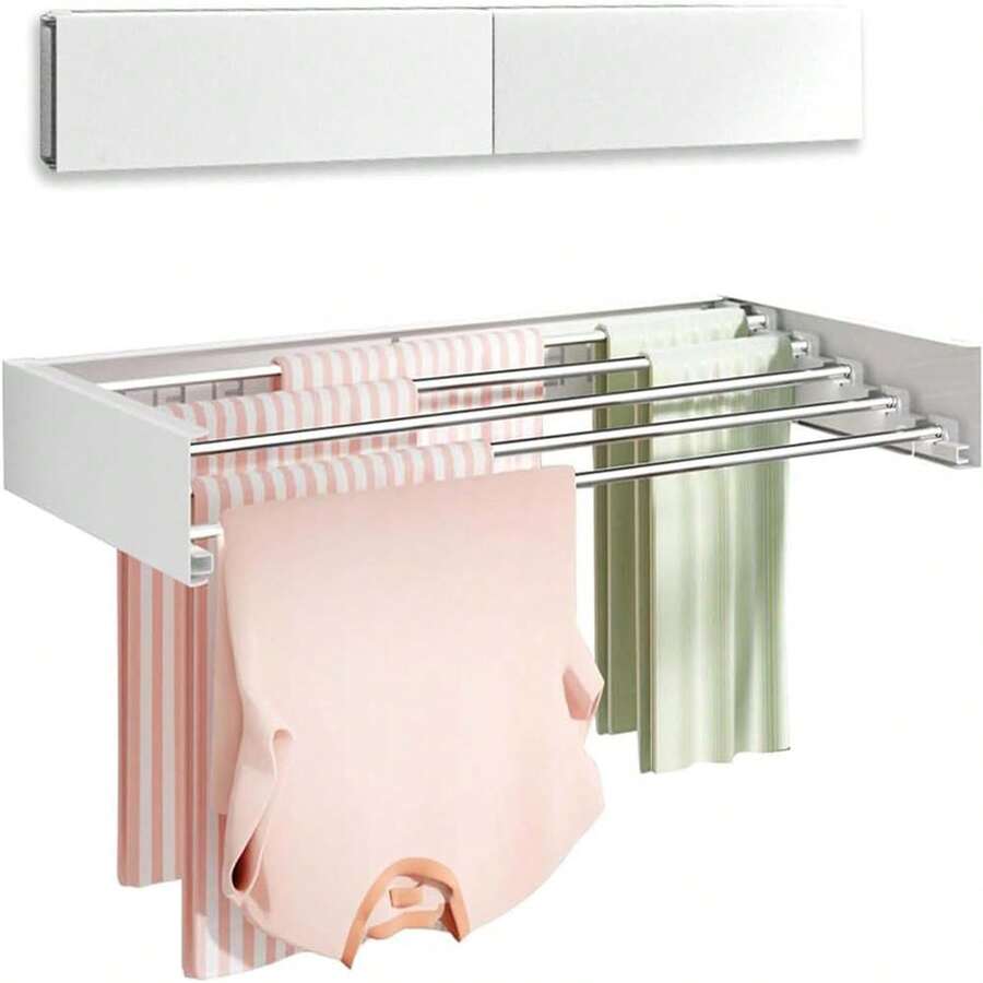 Wandmontierter Trockenständer, faltbarer Wäscheständer, einziehbarer Wäscheständer, langlebige Wandgarderobe für den Innen- und Außenbereich, einfache Installation, platzsparend, 23 kg Kapazität Wäscheständer,80cm breit An der Wand montierter Faltbarer Wäscheständer, 6 Aluminiumstangen einziehbarer, ausziehbarer Wäscheständer mit Wandschablone, platzsparend für die Badezimmerwäsche - Weiß 80CM 5 Stangen - Übersicht 1