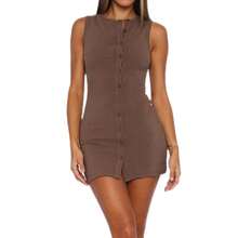 Women's Summer Tank Dress Solid Color Sleeveless Round Neck Button Down Mini Bodycon Dress - Brown - View 2
