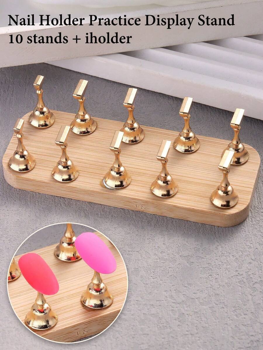 Double Row Nail Art Practice Tray With Wood Base & Magnetic Chess Pieces - Non-Slip Professional Nail Tool For Salon Training, DIY Organization & Advanced Nail Design Projects 02 - Multicolor - View 1