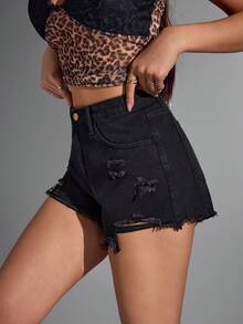 Jeanoix Quần short denim rách lưng cao, viền thô - màu đen - Xem 3