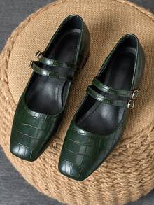 MonaNise 女士 3 厘米布质高跟鞋黑色玛丽珍厚底高跟鞋，时尚百搭 - 軍綠色 - 查看 4