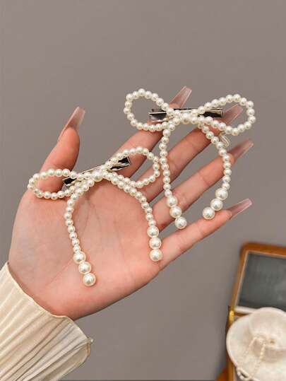 2 piezas Clips para el cabello de estilo palacio vintage minimalista elegante y lindo con lazo de perlas falsas de 9.3cm/3.66in en color beige, accesorios para el cabello adecuados para uso diario, ir al trabajo, viajes, escuela, fiestas y vacaciones, clips de cocodrilo, pinzas para el cabello, pasadores, barrettes, accesorios con lazo, accesorios de perlas para el cabello, atuendos de otoño e invierno para mujer