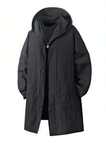 男士加大码长袖黑色轻薄中长款休闲风衣，适合秋季穿着 - 黑色 - 查看 1