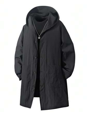 男士加大码长袖黑色轻薄中长款休闲风衣，适合秋季穿着
