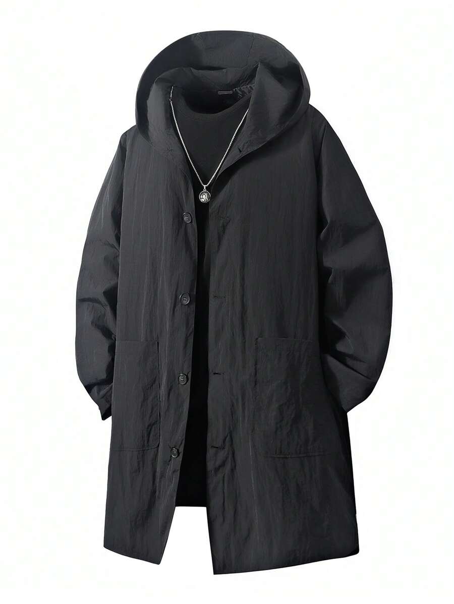 男士加大码长袖黑色轻薄中长款休闲风衣，适合秋季穿着 - 黑色 - 查看 1
