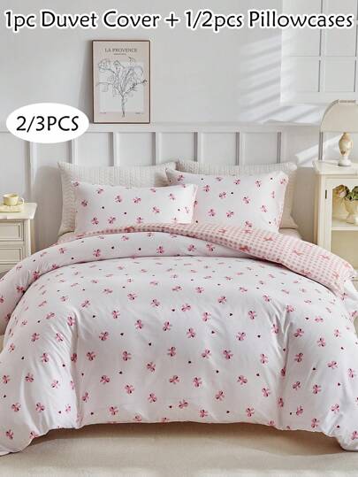 2/3 件粉色蝴蝶结图案印花涤纶羽绒被套，可双面使用可爱柔软透气儿童女孩床上用品套装，适合卧室宿舍四季使用，开学季被套套装，拉链开合，可机洗（1 个羽绒被套 + 1/2 个枕套）