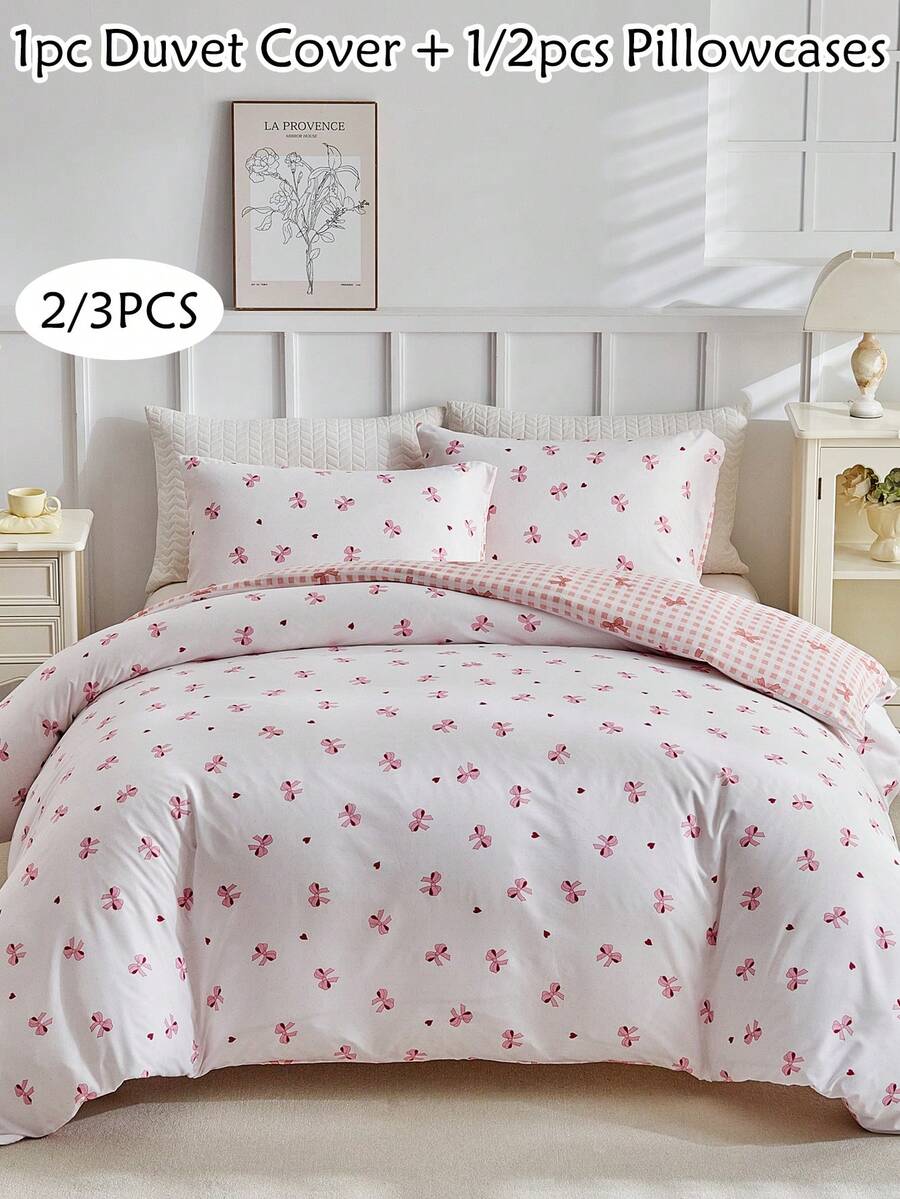 2/3pcs Pink Bow Pattern Print Polyester Duvet Cover Set, Reversible Cute Soft Breathable Kids Girls Bedding Set For Bedroom Dorms All Seasons Use, Back To School Comforter Cover Set, Zipper Closure, Machine Washable (1 Duvet Cover+ 1/2 Pillowcases) - Multicolor - View 1