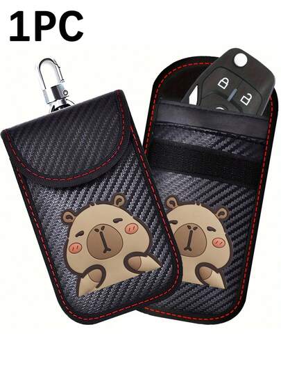 带有可爱卡通水豚图案的汽车钥匙信号屏蔽袋、钥匙壳、RFID 法拉第钥匙扣保护套和钥匙扣信号屏蔽袋 - 防盗无钥匙进入防护罩，配有耐用拉链开合，便携式男女通用袋，适合车主、旅行者、拼车司机和代客泊车员，防止中继盗窃和无线黑客攻击，适合钥匙扣、钱包、手提包和迷你钱包