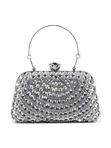 Women's Evening Clutch Bag With Crystal Stones, Suitable For Weddings, Parties, Galas, Birthday Gifts, Fits Smartphone And Cosmetics, Large Capacity - Silver - View 6