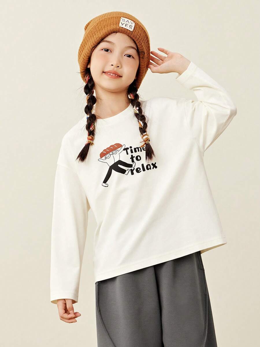 mini bala Young Girl Soft Antibacterial Long Sleeve Tee 2025 Fall Sports Style - Milky White - View 1