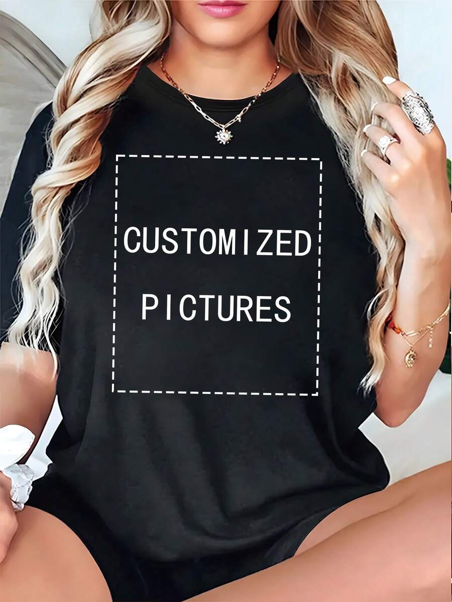 Customized Women's T-Shirts - Add Your Photos (Badge Pattern/Couple Photo/Family Photo/Selfie/Pet), Design Your Own Personalized Printed T-Shirt As A Gift For Your Girlfriend, Couple Date Shirt, Etc., Suitable For Anniversary, Valentine's Day, Mother's Day, Birthday, Festival, Etc. Comfortable And Casual, Custom Couple Shirts, Women's Tops, Custom Pattern Tops, Women's Short Sleeve T-Shirts, Tops - 黑色 - 查看 1