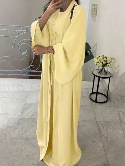 Women's Elegant Sleeveless Robe And Bowknot Long Cardigan Two Pieces Set Eid Spring