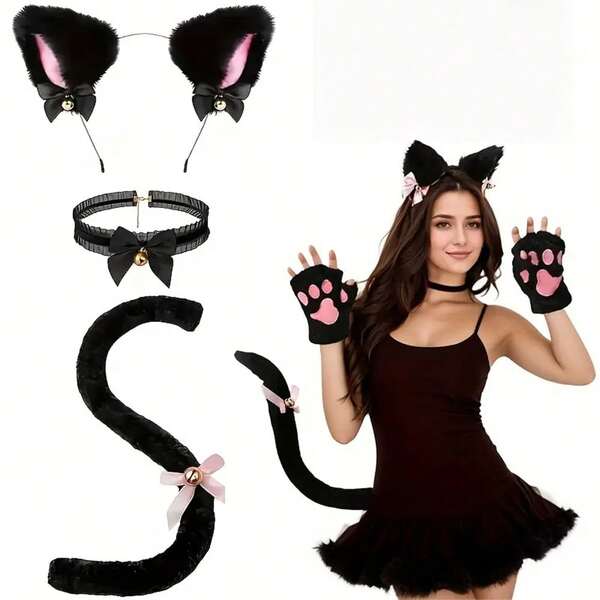 3 PiecesHalloween Sexy Cat Ear And Tail Headband Accessory Set, Handcrafted Cute Cat Ear Headband And Tail Party Costume, Japanese Cat Girl Lolita Animal Ear And Tail Cosplay Accessory, Handcrafted Long-Haired Cat Tail Accessory