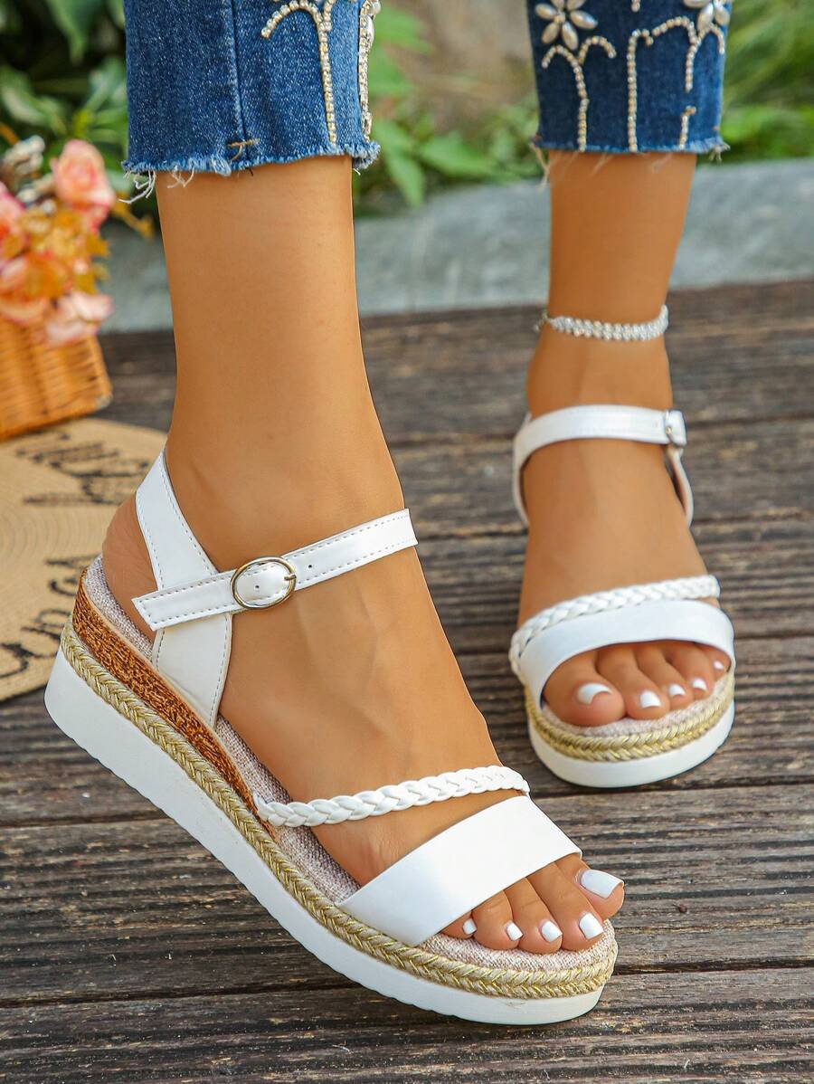 1 Pair Thick Sole Woven Strap Sandals For Teenagers, Summer