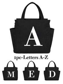1pc Thermal Bag Double Pocket Lunch Box Bag Large Capacity Print Students Meals Insulated Cooler Bag, Portable Travel Picnic Bag,White Letter Decoration,Thermal Lunch Bag For Office School Lunch Bags Insulated Lunch Bag For Lunchbox Lunch Container For Work Office Holiday For Vacation For Men For Women For Camping School Lunch Box Multifunctional(A-Z) Bag For School School Accessories School Stuff Lunch Bag For Women - Black - View 1