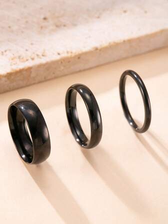 3 件套黑色光滑不锈钢情侣戒指，纯色可叠戴戒指，适合日常佩戴和情人节礼物
