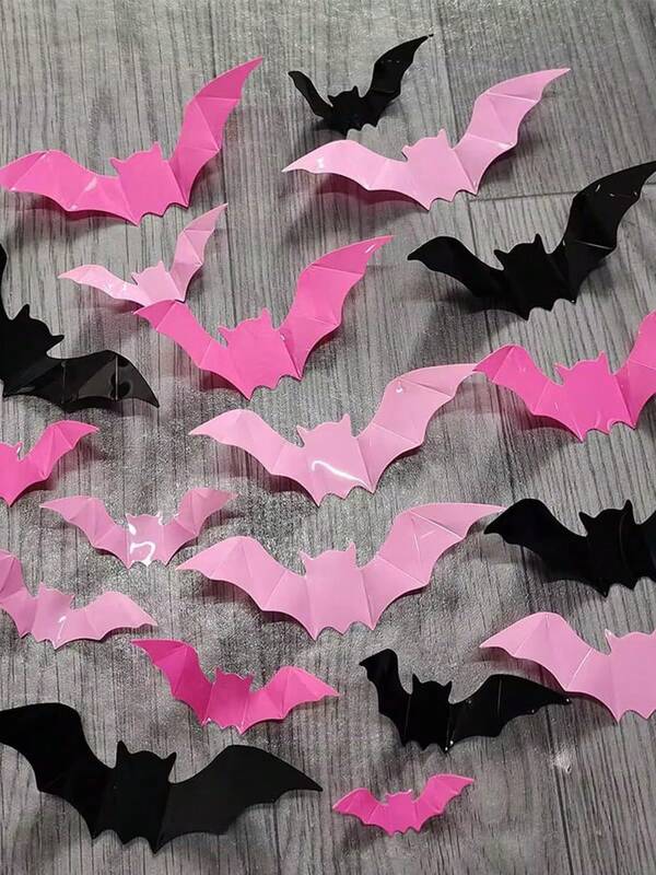 Decoración de Halloween de murciélago 3D rosa de PVC - Crea una atmósfera fantasmal - Perfecto para bar, hogar, pub u oficina Pegatina de pared duradera y reutilizable Suministros para fiestas, decoraciones de Halloween espeluznantes y cautivadoras, decoración de Halloween, fiesta de Halloween