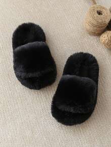 Fashionable & Simple Girls' Plush Slippers, Solid Color, Minimalist Design, Warm Fuzzy Winter House Shoes - Black - View 4