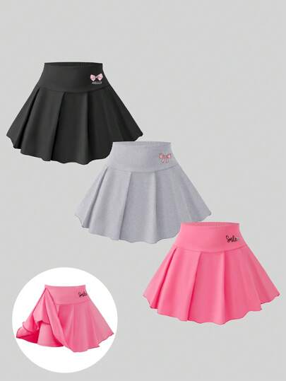 3pcs/Set Young Girl Bow Print Fold Pleated Skirt Shorts, Casual & School Style, Summer