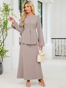 Women Elegant Asymmetric Ruffled Top And A-Line Skirt Suit
