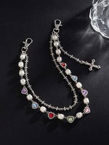 1pc Vintage Men's Multilayer Rhinestone & Faux Pearl Pants Chain, For Pants Decorations Summer, School - Cross Pendant - Silver - View 5