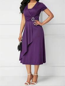 Elegant Plus Size Casual Midi Dress - V-Neckline, Short Sleeves, Solid Color, Slight Stretch, Knit Fabric, Asymmetrical Skirt, Perfect For Spring/Fall Weekend Wear, Women's Chic Relaxed Fit Fashion - Đỏ - Xem 2