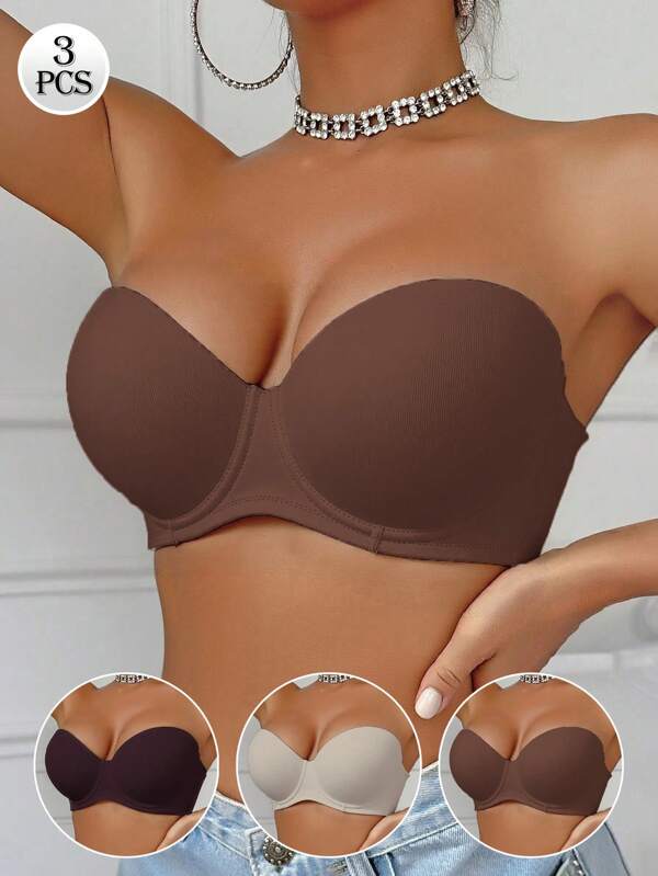 3pcs Skin-Colored Women Strapless Bras, Solid Color, Comfortable Breathable Half Cup Push Up Side Support Seamless Bras For Dress