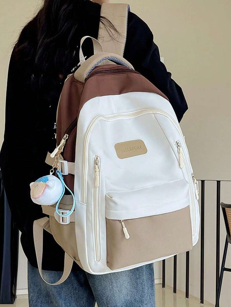 Colorblock Large Capacity Multi-Pocket Zipper Closure Laptop Backpack, Back To School, Outdoor Casual Unisex Backpack, No Accessories - Khaki - View 1