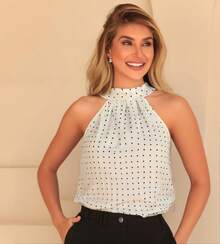 Women's Polka Dot Turtleneck Tank Top - Elegant And Modern For A Formal Or Casual Look - 白色 - 查看 1
