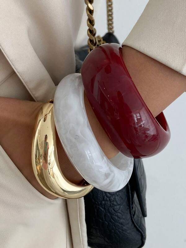 1pc/3pcs Set Bohemian Geometric Arc Asymmetrical Smooth Resin Cuff Bracelet, Luxurious Casual Party Women Couples Wedding Holiday Versatile Metal Jewelry Bracelet Gift (The Material And Color Of The Bracelet Are Subject To The Actual Product)