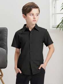 男童衬衫短袖棉质衬衫男孩正装衬衫校服青少年儿童休闲黑色夏季标准百搭6-16岁 - 黑色 - 查看 1