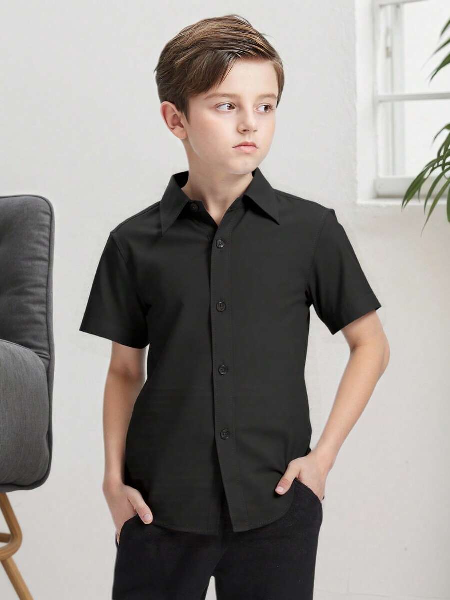 男童衬衫短袖棉质衬衫男孩正装衬衫校服青少年儿童休闲黑色夏季标准百搭6-16岁 - 黑色 - 查看 1